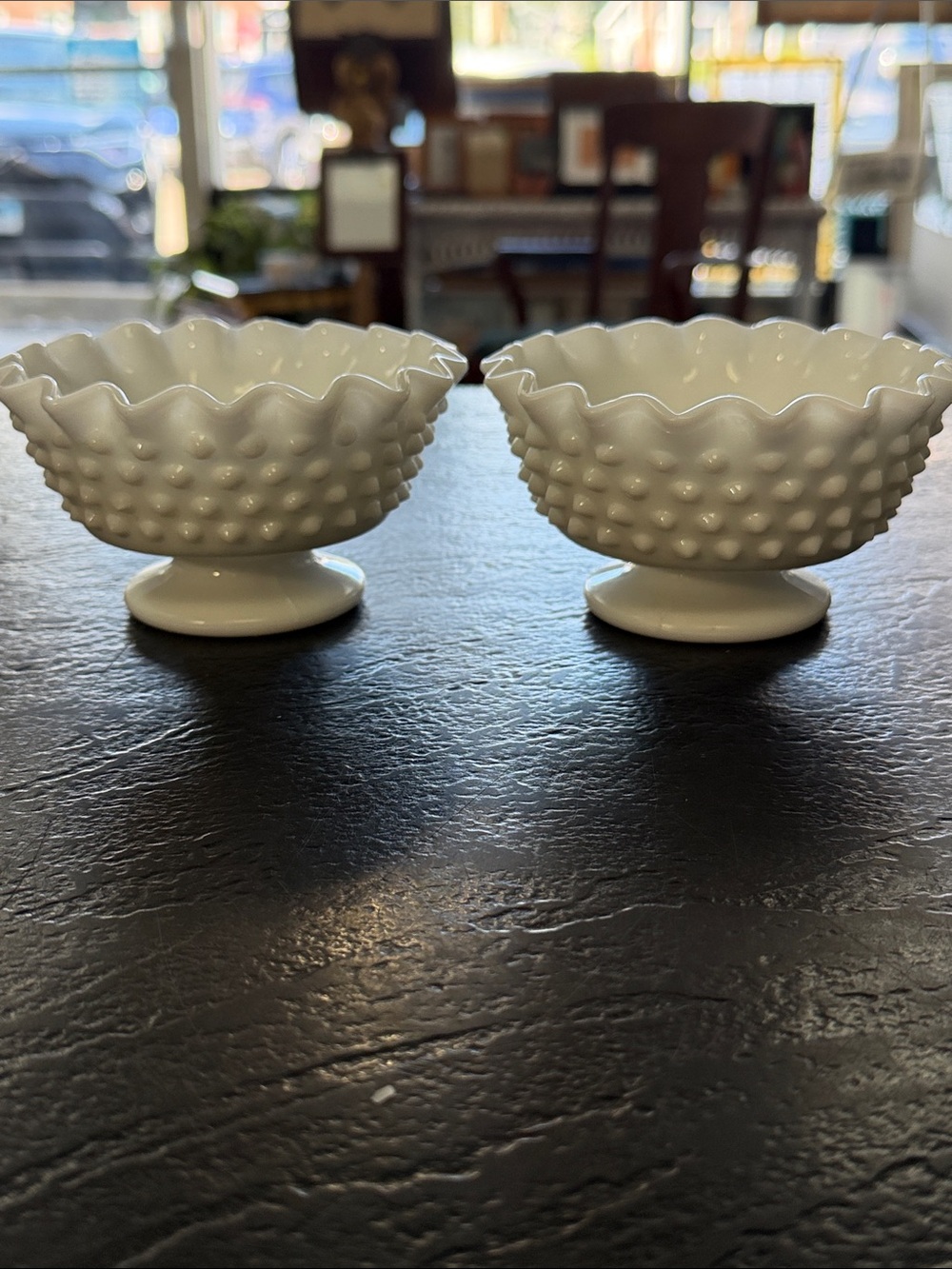 Fenton pair of White Hobnail Pedestal candlesticks- 3x5 inches fits 1 in taper